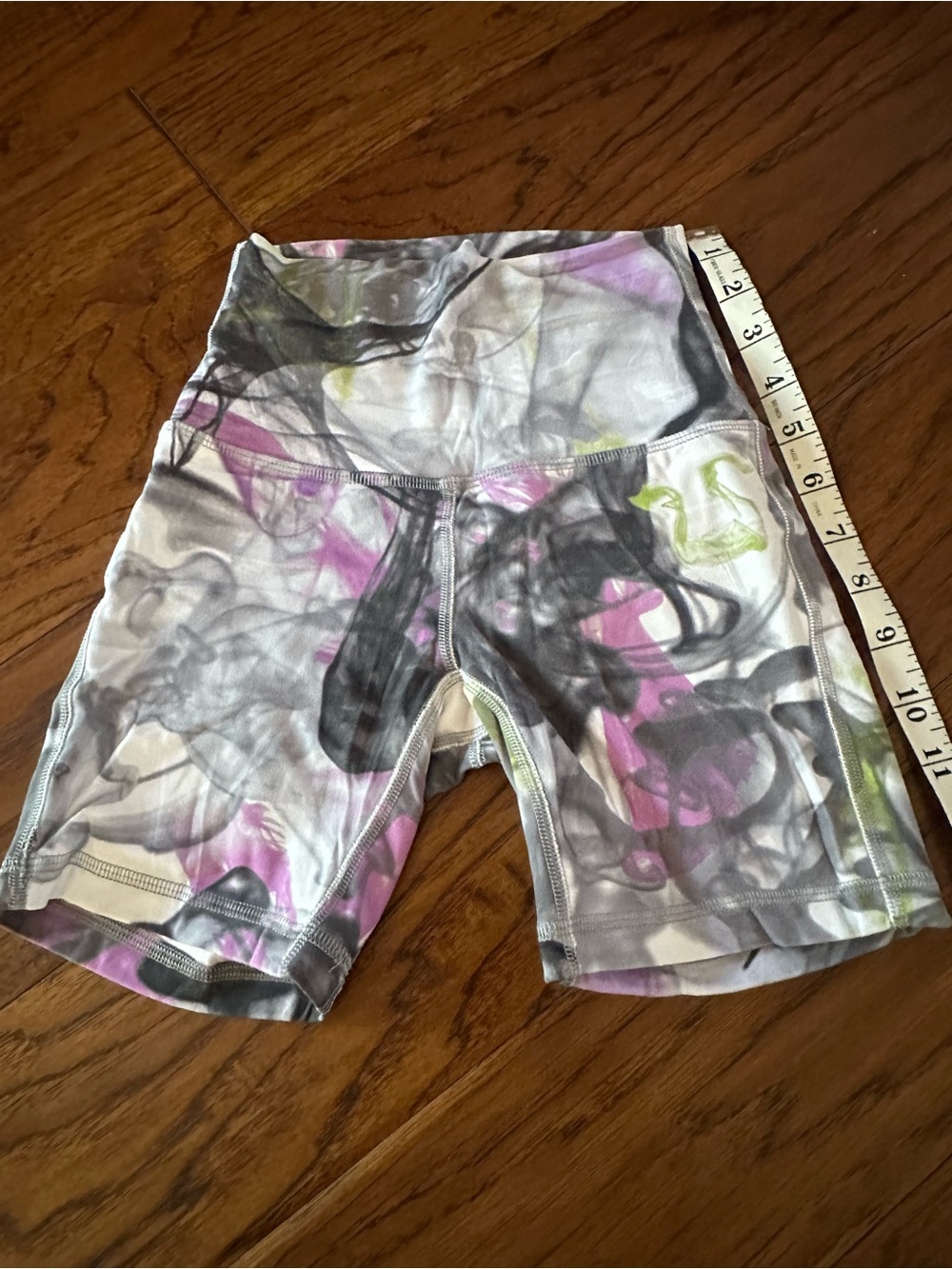 lululemon athletica White Bike Shorts with Pink, Gray & Green Smoke Print